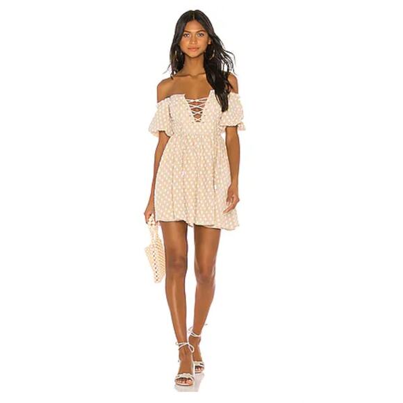 House of Harlow x Revolve Beige Polka Dot Off the Shoulder Mini Dress Sz Medium - Picture 9 of 10